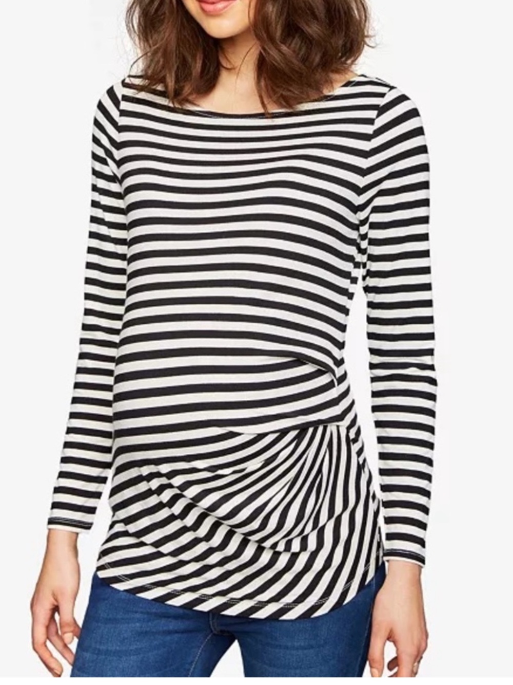 A Pea in the Pod Black & White Striped Long-Sleeve Maternity Boatneck Top-Size L